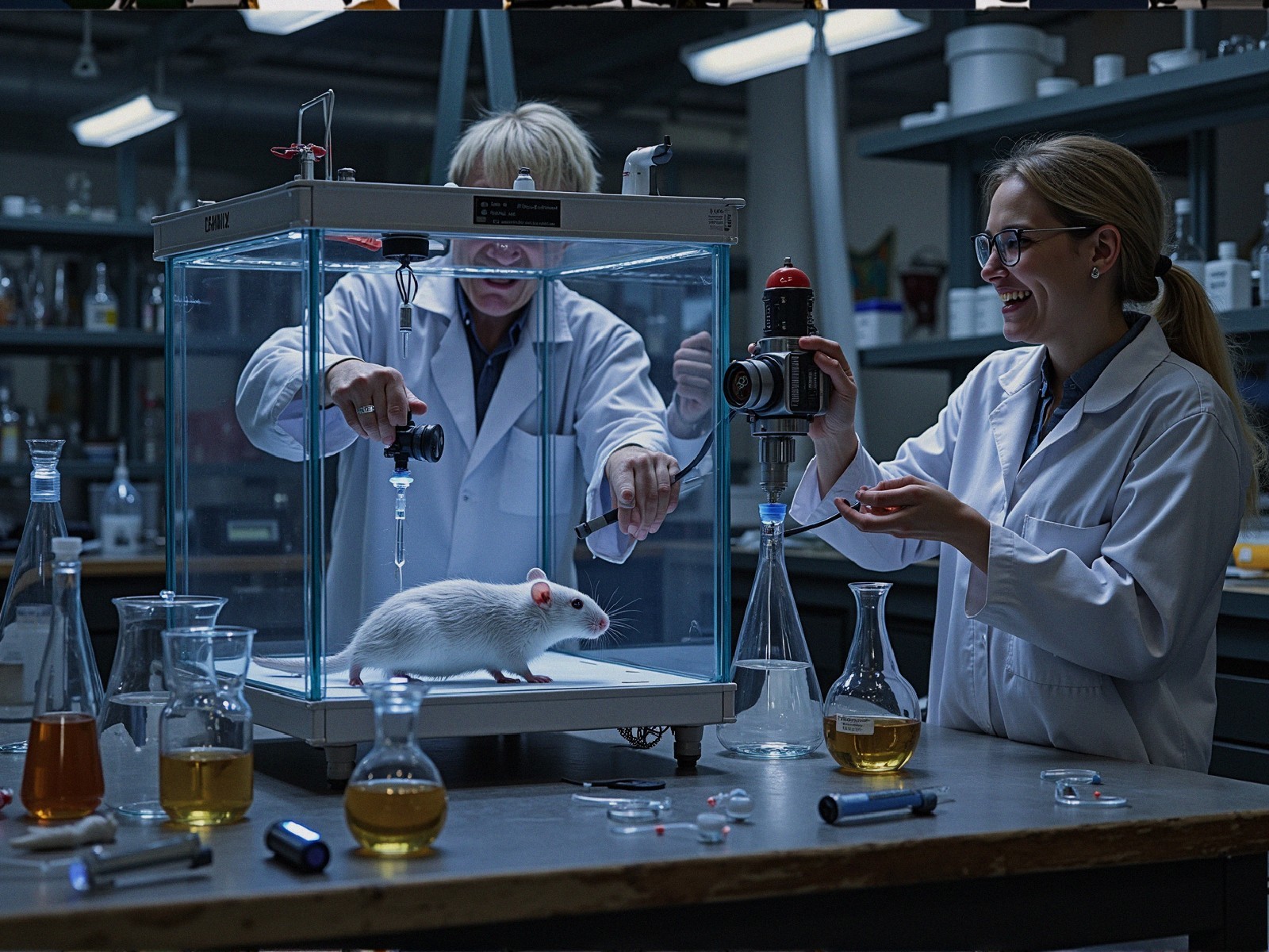 Scientists Conducting Experiment with White Rat in Lab