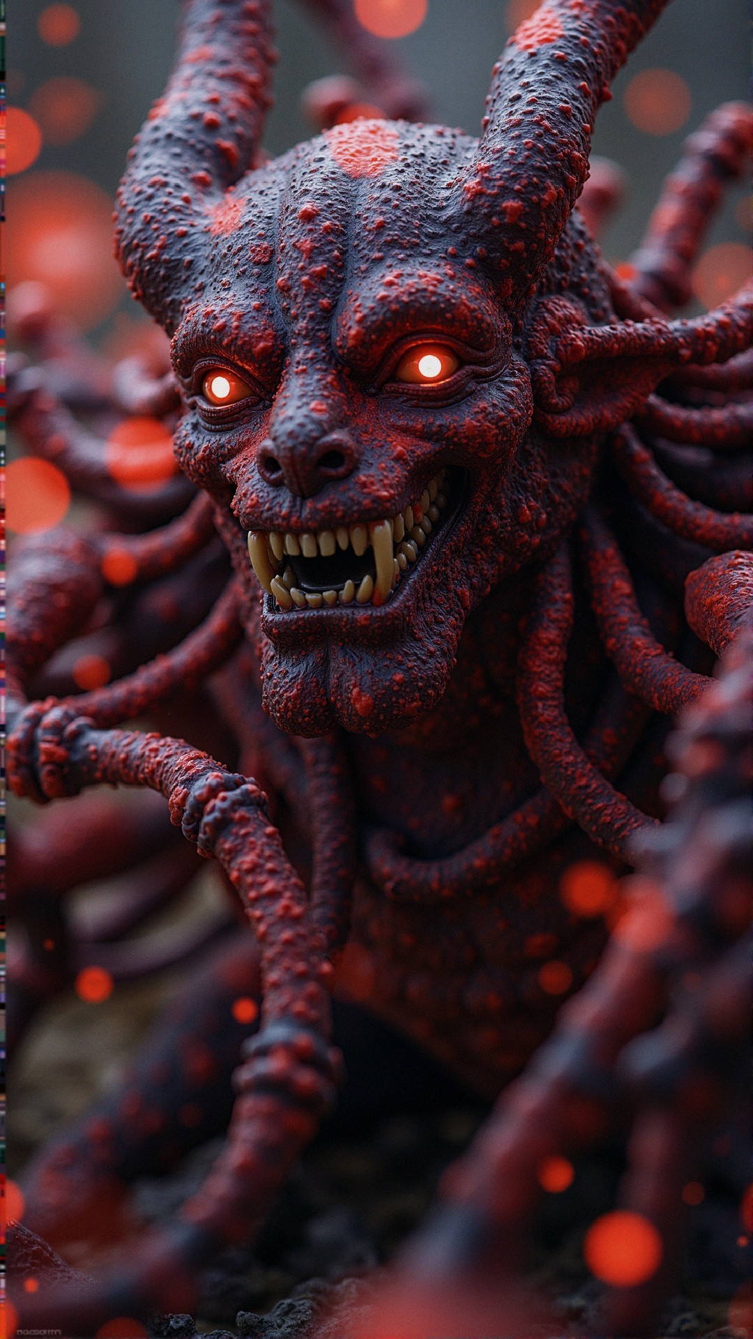 Menacing creature with red skin and glowing eyes