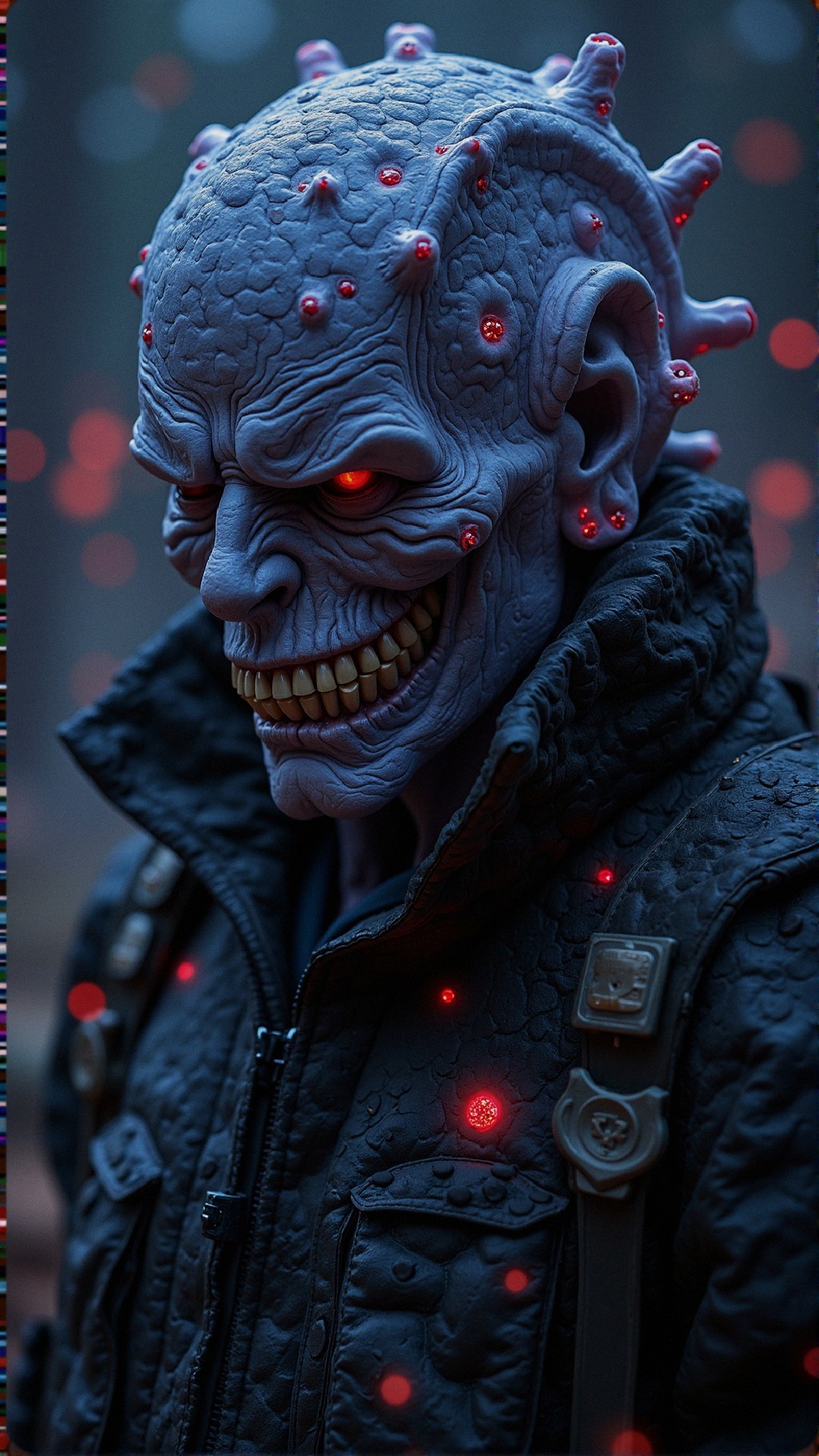 Menacing character with pale skin and glowing red eyes