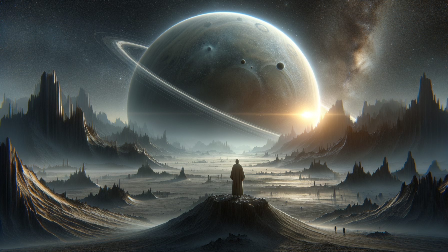 Cosmic Landscape with Distant Planet and Mountain Peaks