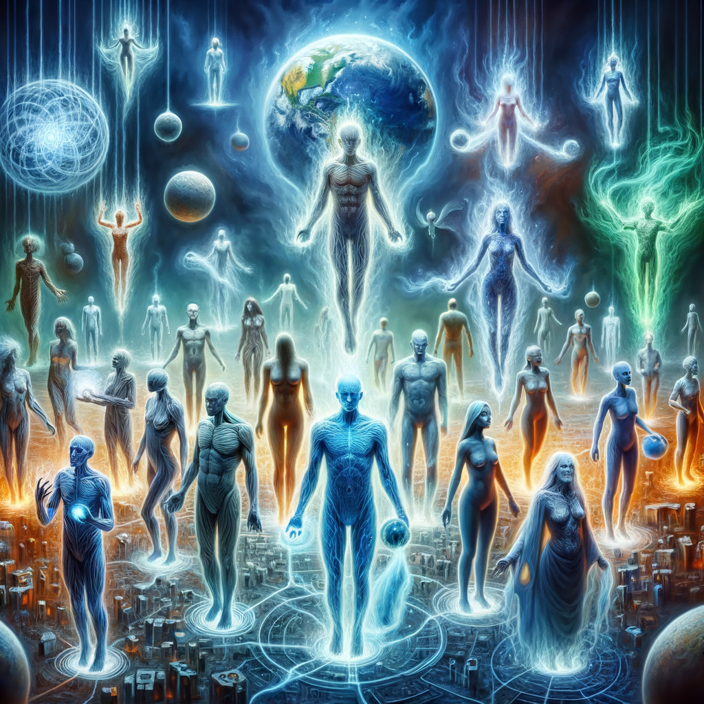 Cosmic Scene with Ethereal Beings and Cityscape