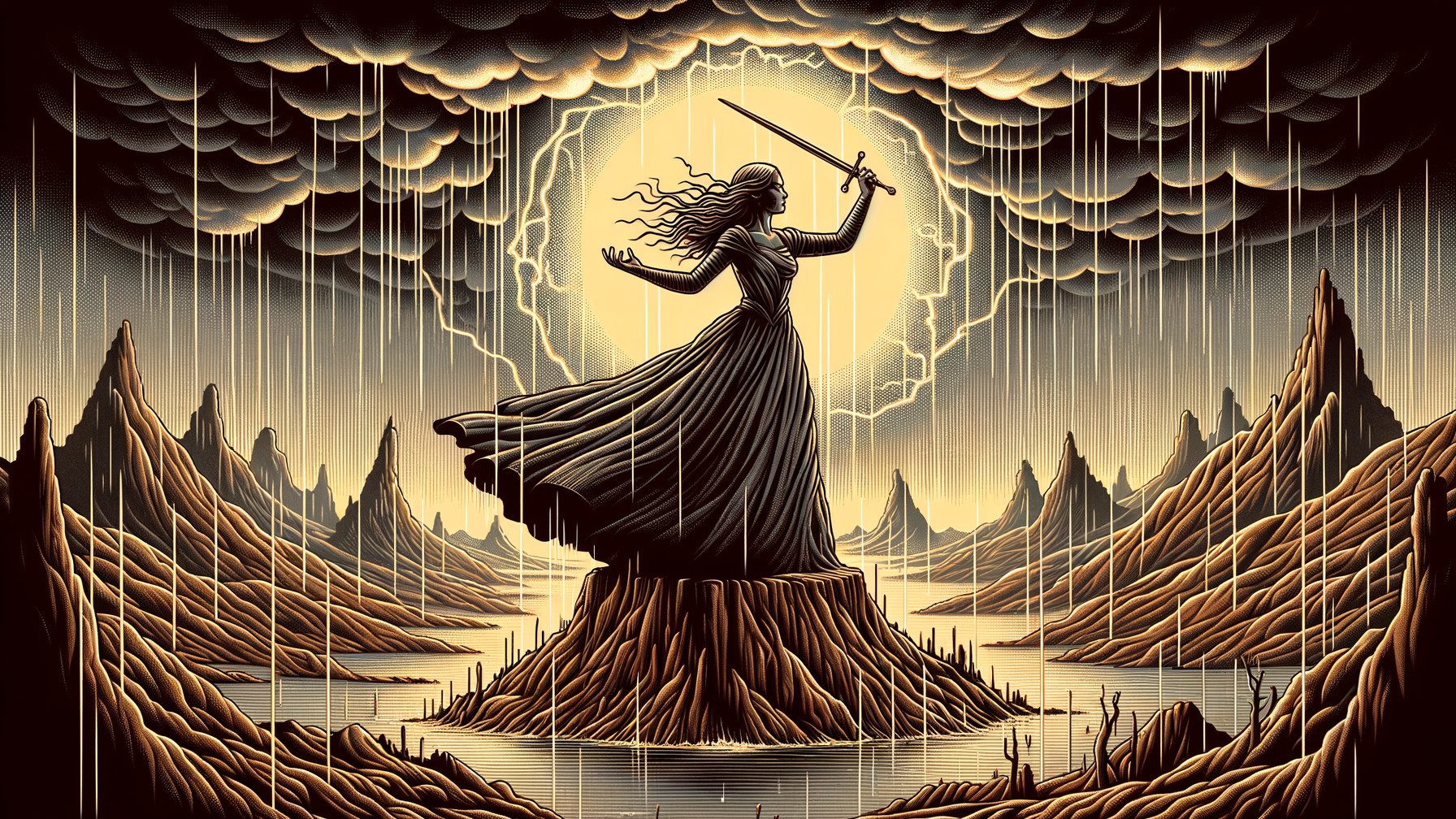 Female figure with sword on rocky island in storm