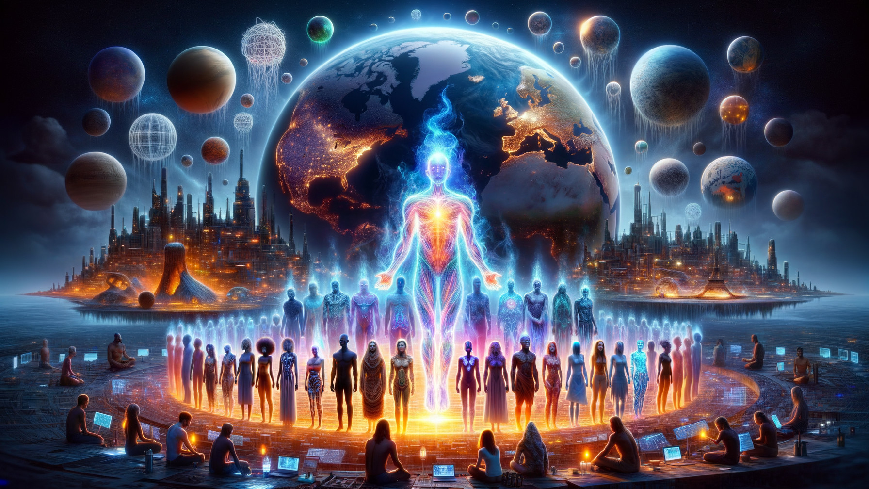Cosmic Scene with Radiant Figure and Diverse Individuals