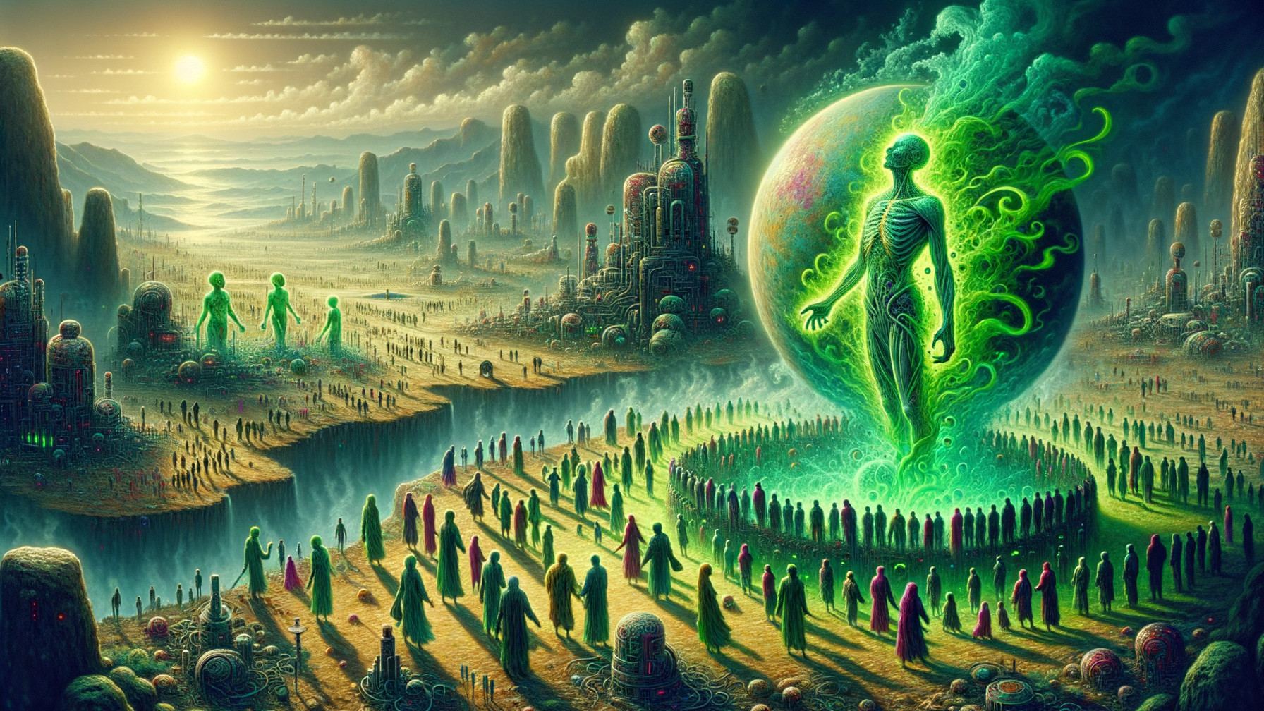 Surreal Landscape with Vibrant Energy Beings and Structures