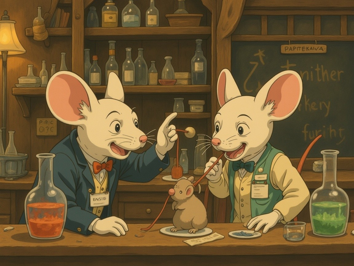 Whimsical Apothecary with Anthropomorphic Mice Experimenting
