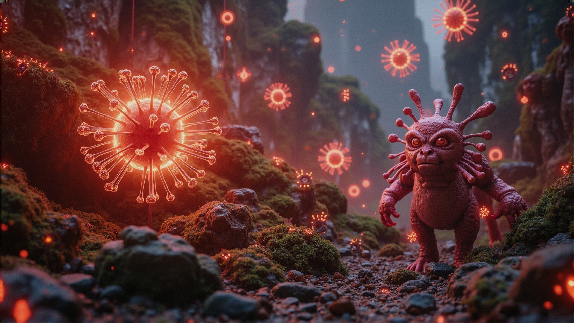 Mystical Creature Among Glowing Virus-Like Structures