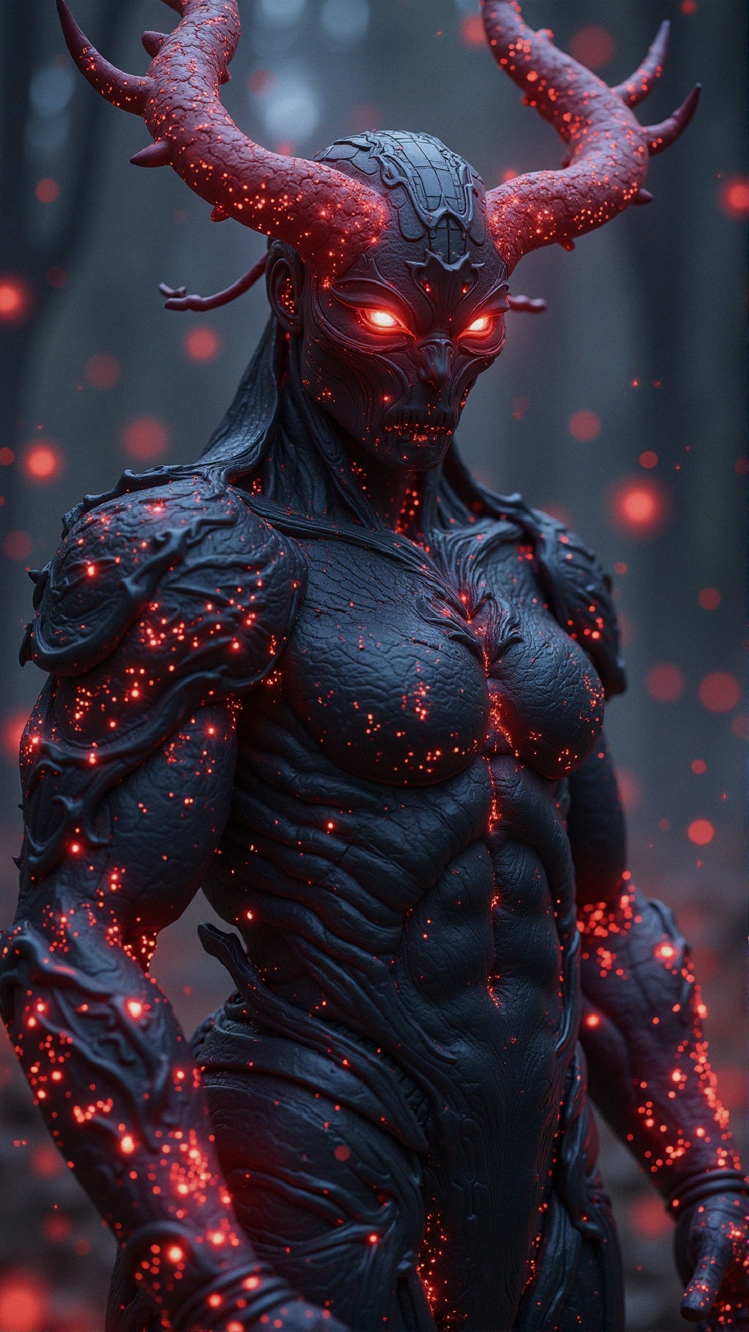 Demonic Figure in Misty Forest with Glowing Eyes