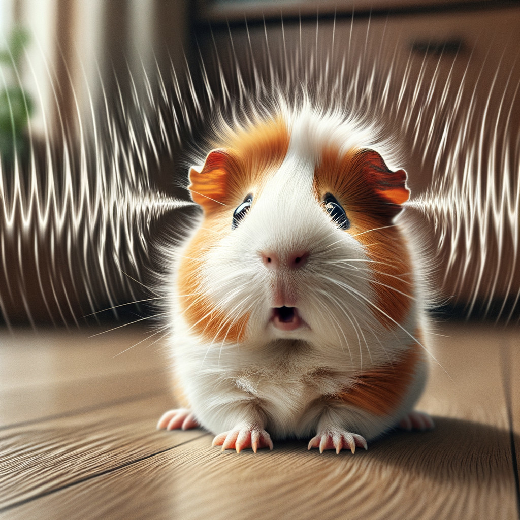 Surprised Guinea Pig on Wooden Floor with Sound Waves