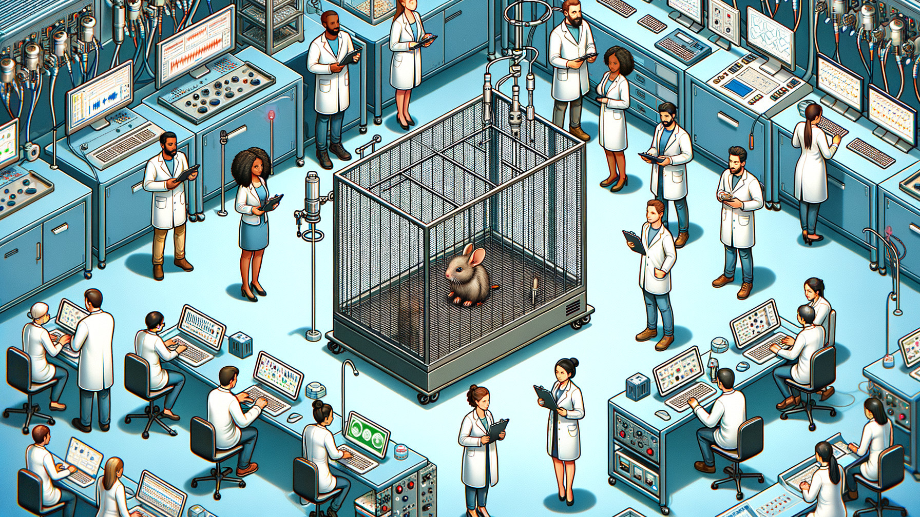 Busy laboratory with scientists and a rabbit in a cage