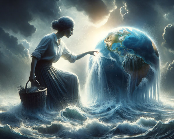 Woman in Dress Nurturing Earth in Turbulent Waters