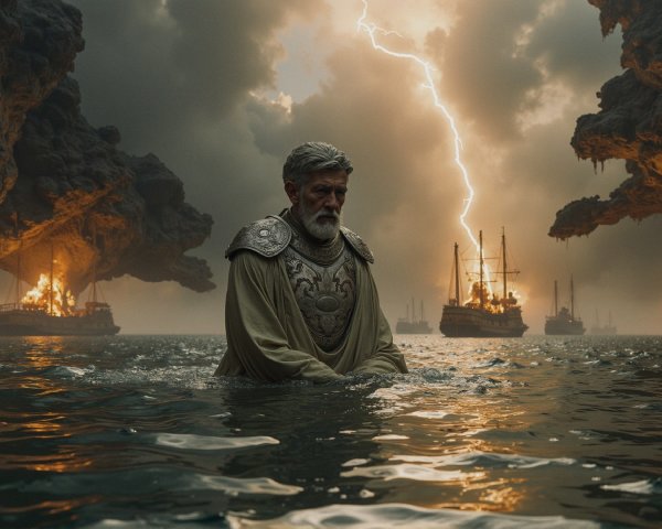 Regal Figure in Armor Amidst Stormy Waters