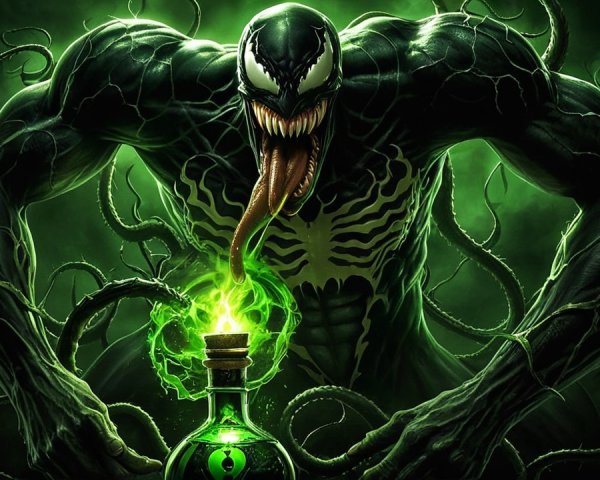 Muscular Monstrous Figure with Green Tendrils and Potion