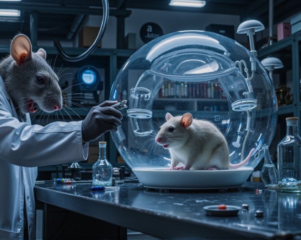 Futuristic laboratory with anthropomorphic rat conducting experiment