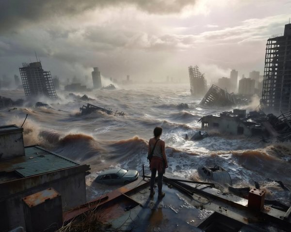 Flooded Cityscape with Solitary Figure on Rooftop