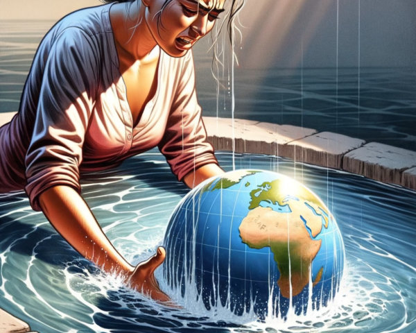 Woman at Stone Well with Globe and Flowing Water