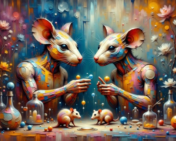 Robotic Mice with Vibrant Patterns in Whimsical Setting