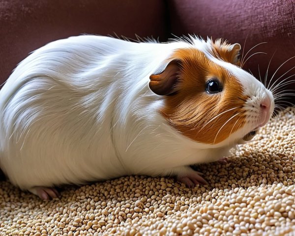 Fluffy guinea pig resting on seeds with brown patches