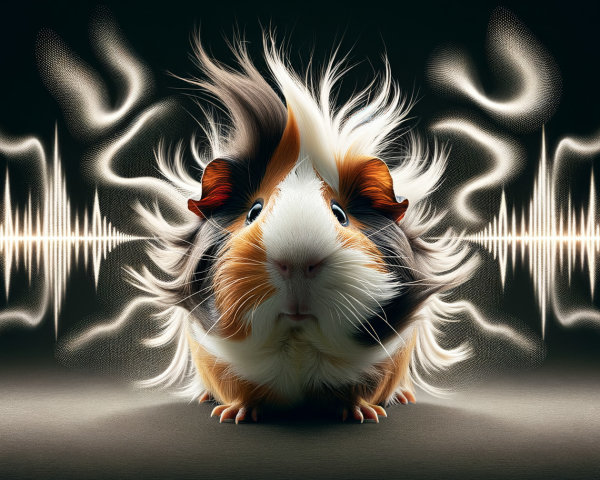 Stylized guinea pig with fluffy fur and sound waves