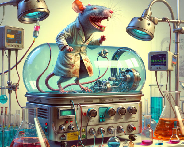 Cartoonish rat in lab coat atop high-tech machine