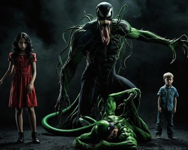 Menacing Creature with Children in Dark Setting