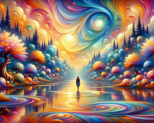 Surreal Landscape with Colorful River and Whimsical Trees