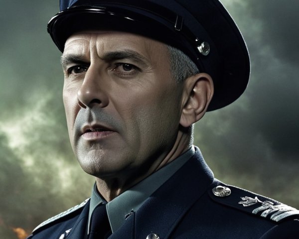Stern Military Figure in Dark Blue Uniform and Insignia