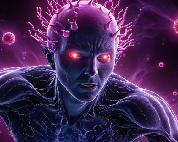 Futuristic Humanoid Figure with Cosmic Background