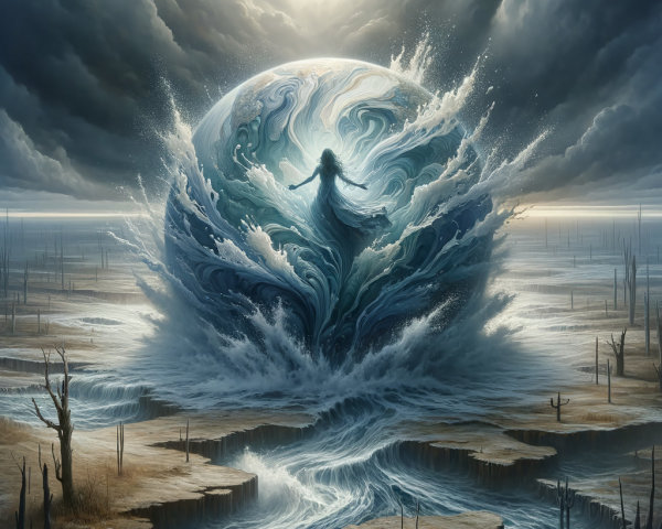 Mystical Figure Surrounded by Ocean Waves and Clouds