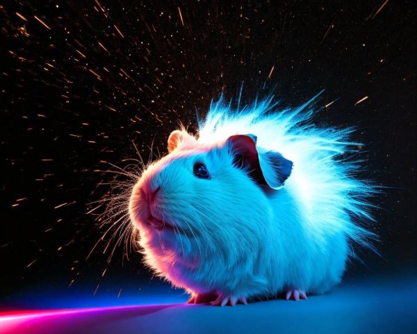Fluffy Guinea Pig in Vibrant Blue and Pink Lights