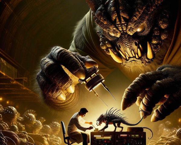 Eerie Laboratory Scene with Scientist and Monstrous Figure