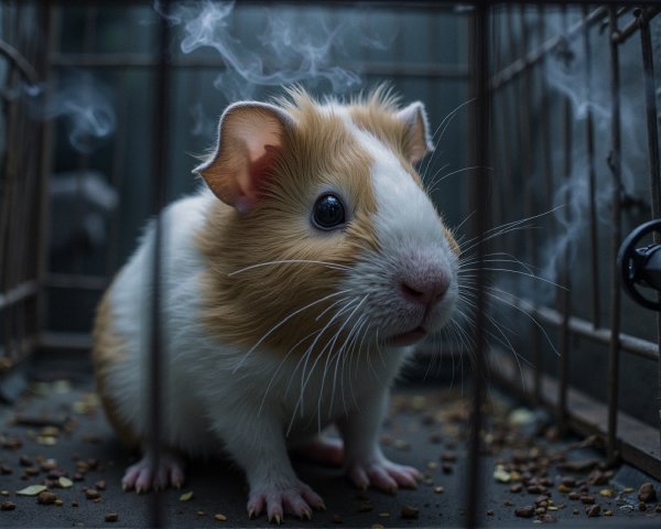 Curious guinea pig in a cage with fluffy fur and seeds