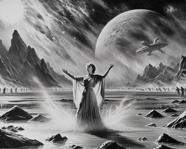 Dramatic Sci-Fi Landscape with Celestial Figure and Craft
