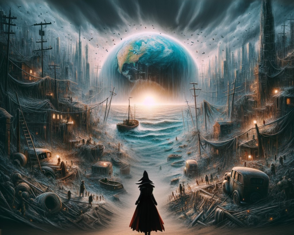 Cloaked Figure on Shore Amidst Dystopian Ruins