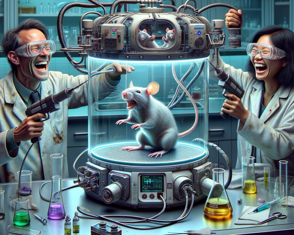 Futuristic Laboratory with Scientists and White Mouse
