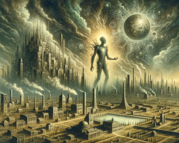 Surreal Landscape of Futuristic City and Celestial Body
