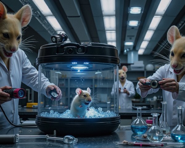 Futuristic Laboratory with Humanoid Mouse Figures