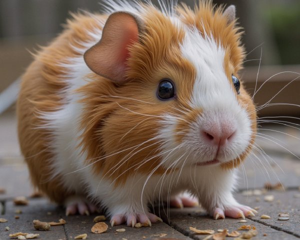 Fluffy orange and white guinea pig on wooden surface