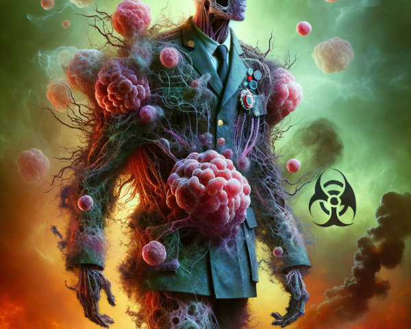 Surreal Humanoid Figure in Military Uniform with Decay