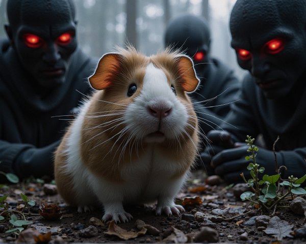 Guinea Pig in Misty Forest with Shadowy Figures