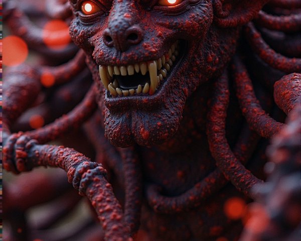 Menacing creature with red skin and glowing eyes