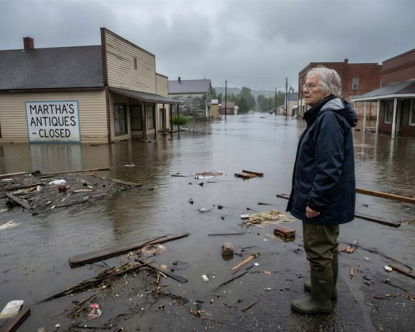 Old Woman in Floodwaters Surrounded by Debris