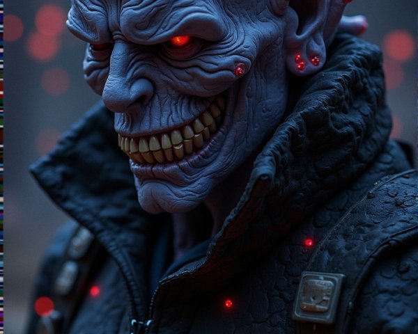 Menacing character with pale skin and glowing red eyes
