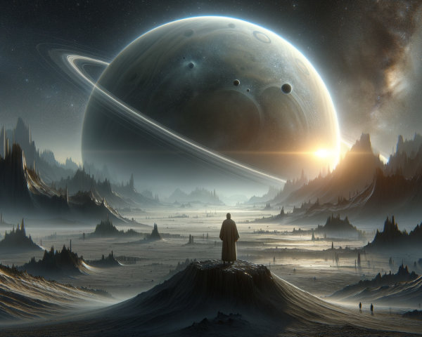 Cosmic Landscape with Distant Planet and Mountain Peaks