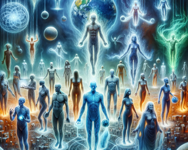Cosmic Scene with Ethereal Beings and Cityscape