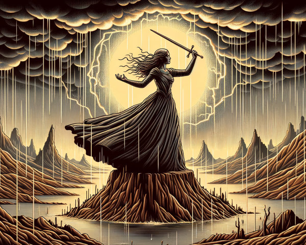 Female figure with sword on rocky island in storm