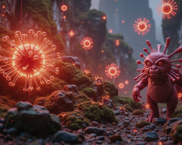 Mystical Creature Among Glowing Virus-Like Structures