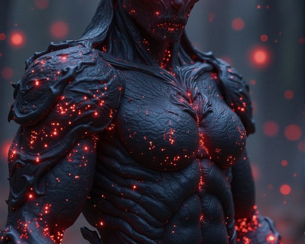 Demonic Figure in Misty Forest with Glowing Eyes