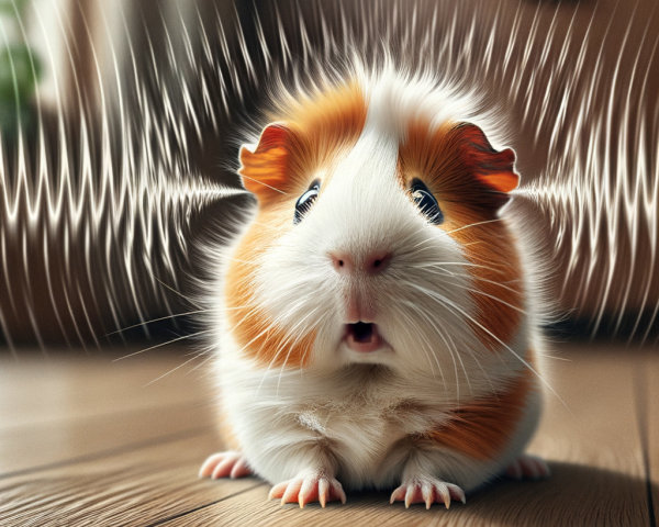 Surprised Guinea Pig on Wooden Floor with Sound Waves