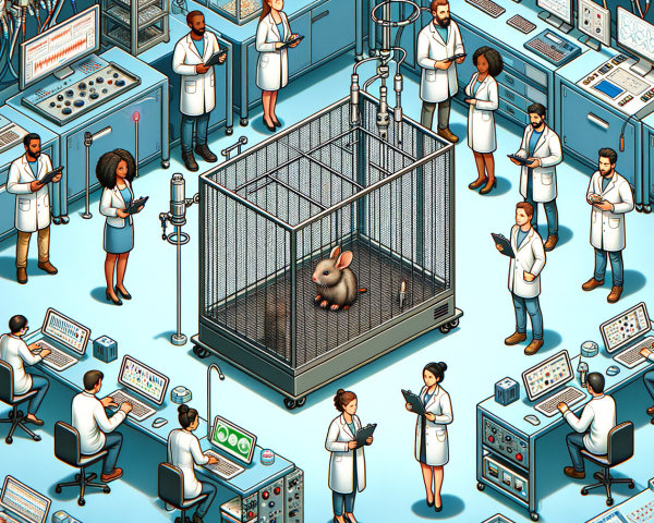 Busy laboratory with scientists and a rabbit in a cage