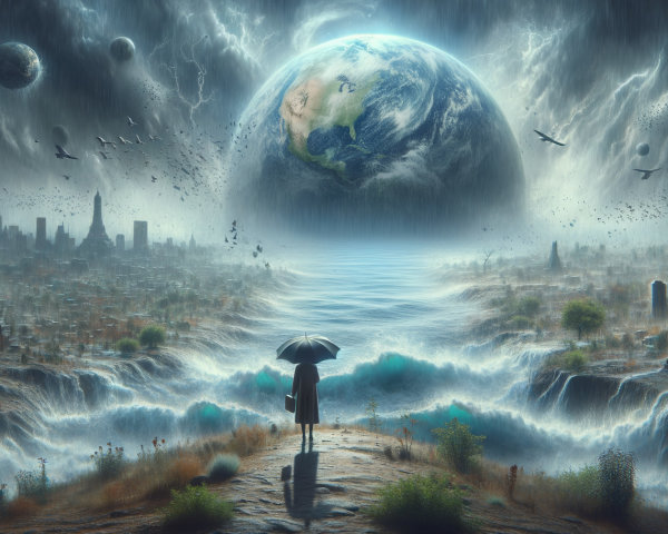 Surreal Landscape with Figure and Umbrella Over Ocean
